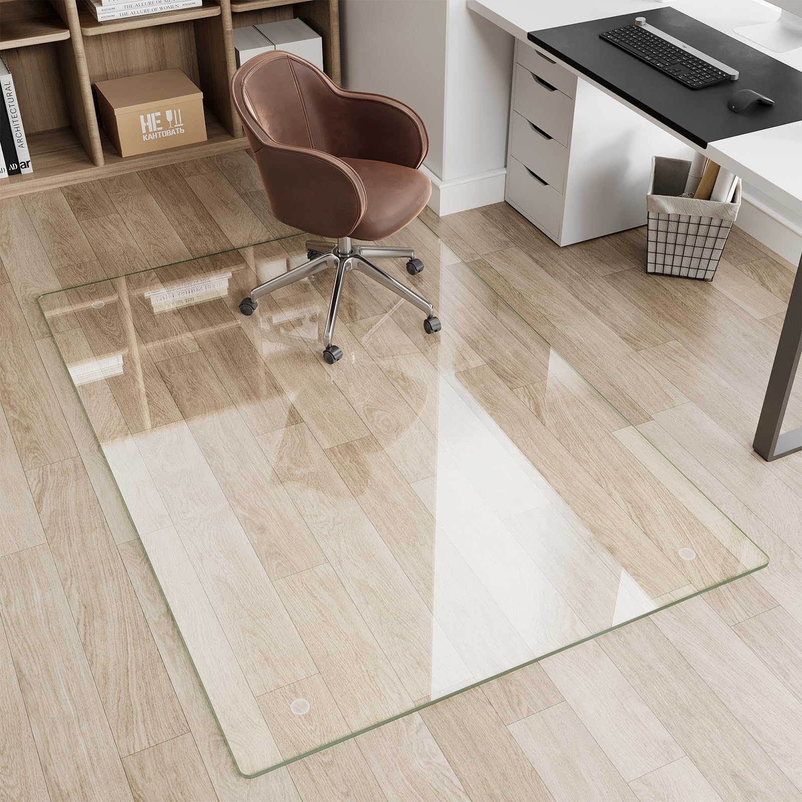 glass chair mat 46" x 46" heavy duty tempered glass office chair mat, glass floor mat with round corner and polished edge for smooth glide, office chair mat for carpet, hardwood floor