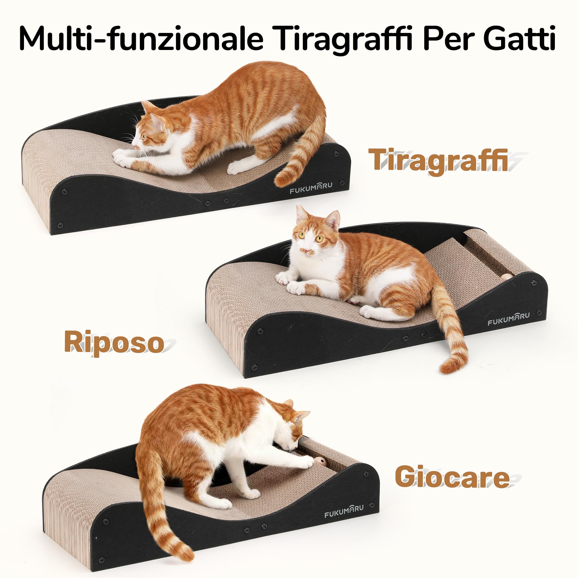 FUKUMARU Lettino Tiragraffi per Gatti in Cartone, Cuccia Tiragraffi Extra Lungo 74 cm, Divano per Gatti con Cuscino in Feltro Naturale, Graffiatoio Orizzontale con Pallina Giocattolo, Nero