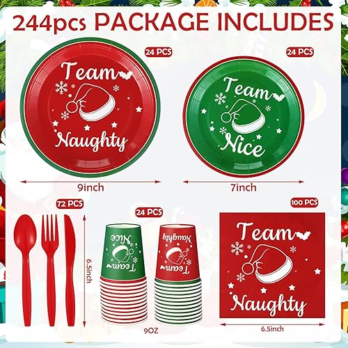 Miniatura 2 de Norme Juego de vajilla de 244 piezas de Feliz Navidad Naughty Team Nice Party Supplies El equipo incluye 24 platos de 9 y 7 pulgadas, vasos de papel