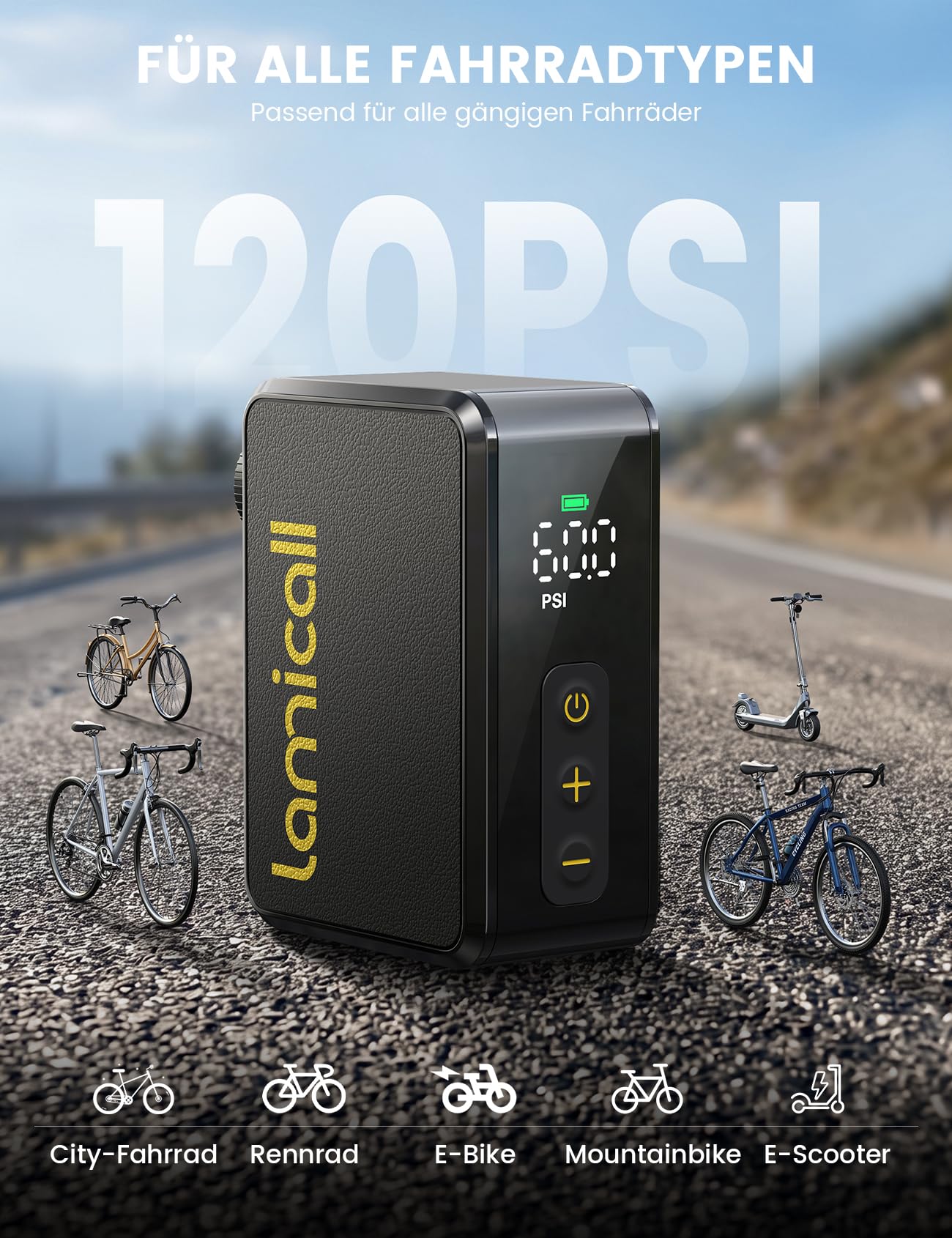 Lamicall Mini Fahrradpumpe Elektrisch Luftpumpe - [Schnelles & Sicheres Aufblasen] 120 PSI Tragbare Akku Fahrradpumpe mit Manometer & Auto-Stopp, Tiny Kompakte Fahrrad Pumpe für Rennrad, MTB, E-Bike