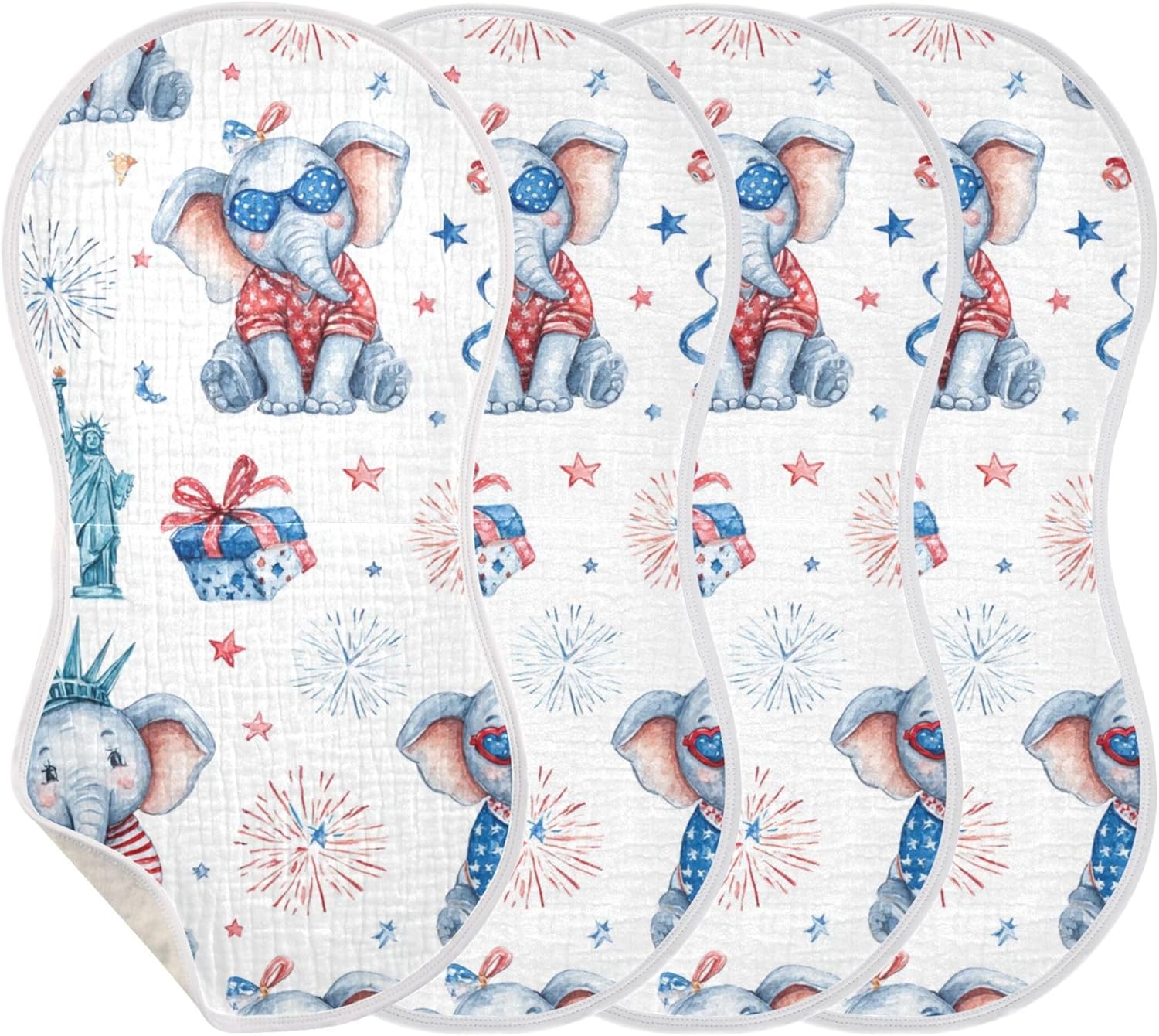 July 4th Funny Elephant Burp Cloths Baby Boys Girls Absorbent Soft Cotton Burping Cloths Rags 4 Pack