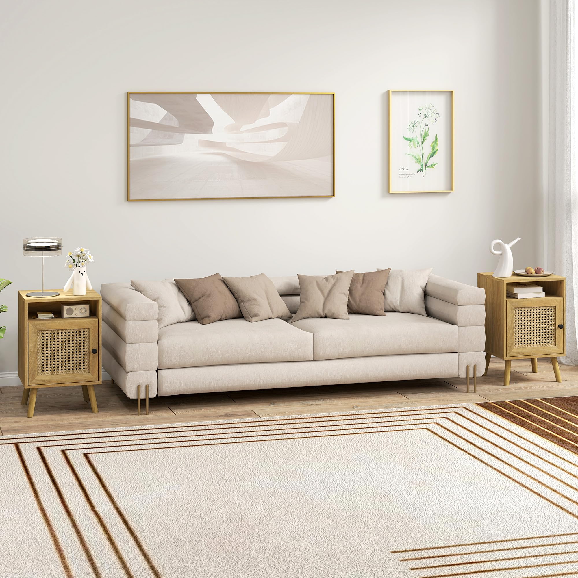 HOMCOM Juego de 2 Mesitas de Noche con Puerta de Ratán Mesillas de Noche con Estante Abierto Mesas Auxiliares para Dormitorio Salón 39x35x60 cm Natural