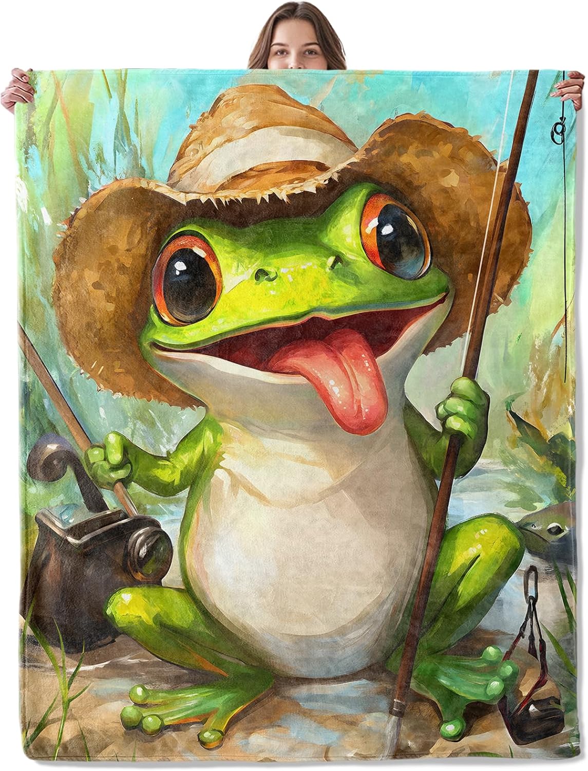 Funny Frog Blanket, Lightweight Comfy Cartoon Fishing Frogs in Straw Hat Blankets for Couch Sofa Bedroom, Soft Plush Travel Flannel Throw Blanket Gifts for Adults Kids Women, Home Decor 60×50in