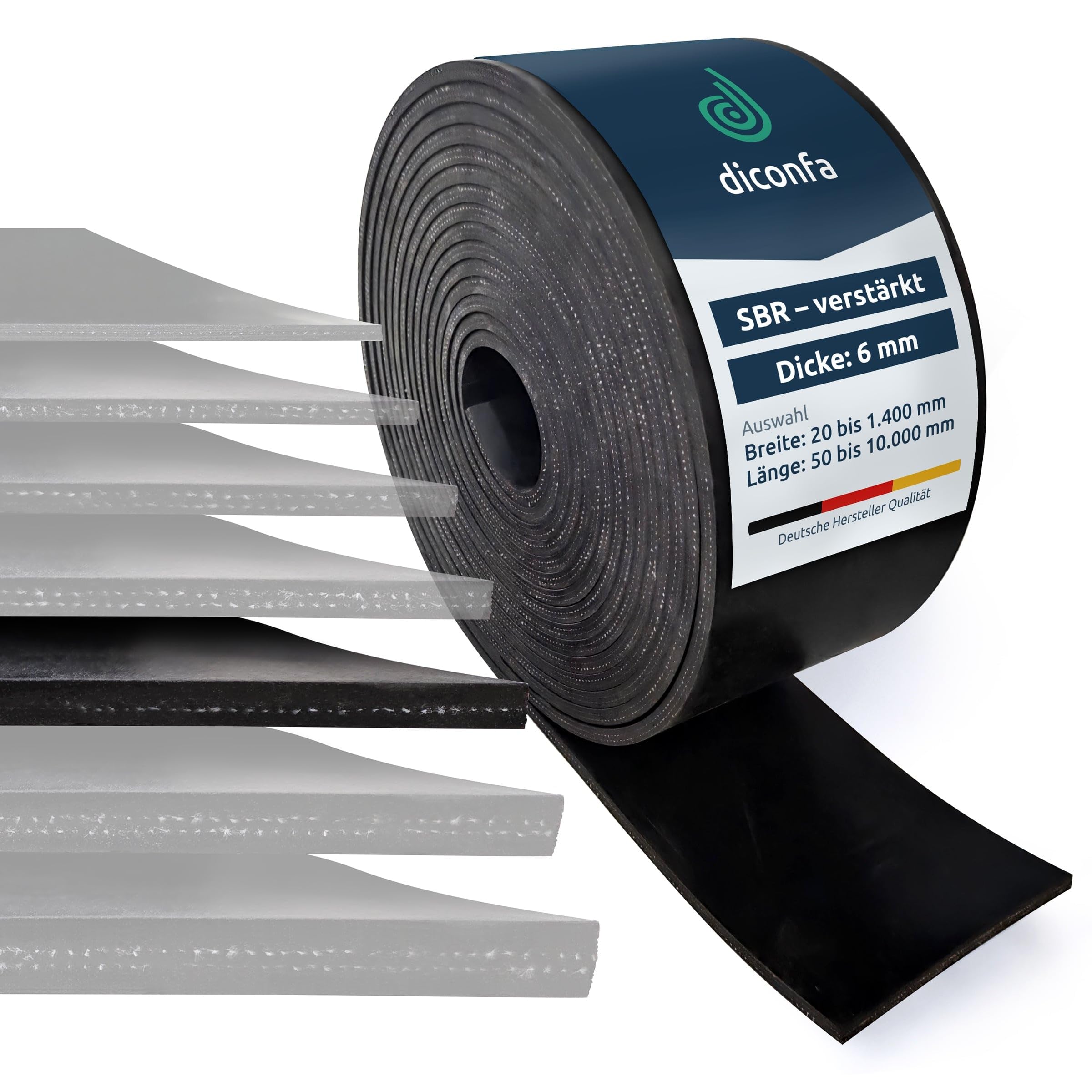 diconfa rotoli di gomma con uno inserto in tessuto SPESSORE 6mm - LARGHEZZA da 20 mm a 1400 mm - LUNGHEZZA da 0,05 m a 10 m - SELEZIONE: 120 mm x 6000 mm x 6 mm - robusto resistente Tappetino SBR