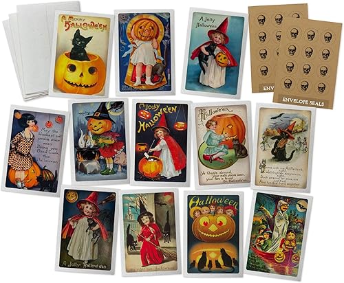 Tarjetas vintage de Halloween para niños, 24 tarjetas de Halloween antiguas para niños y sellos de calcomanías vintage, 12 tarjetas de ilustración