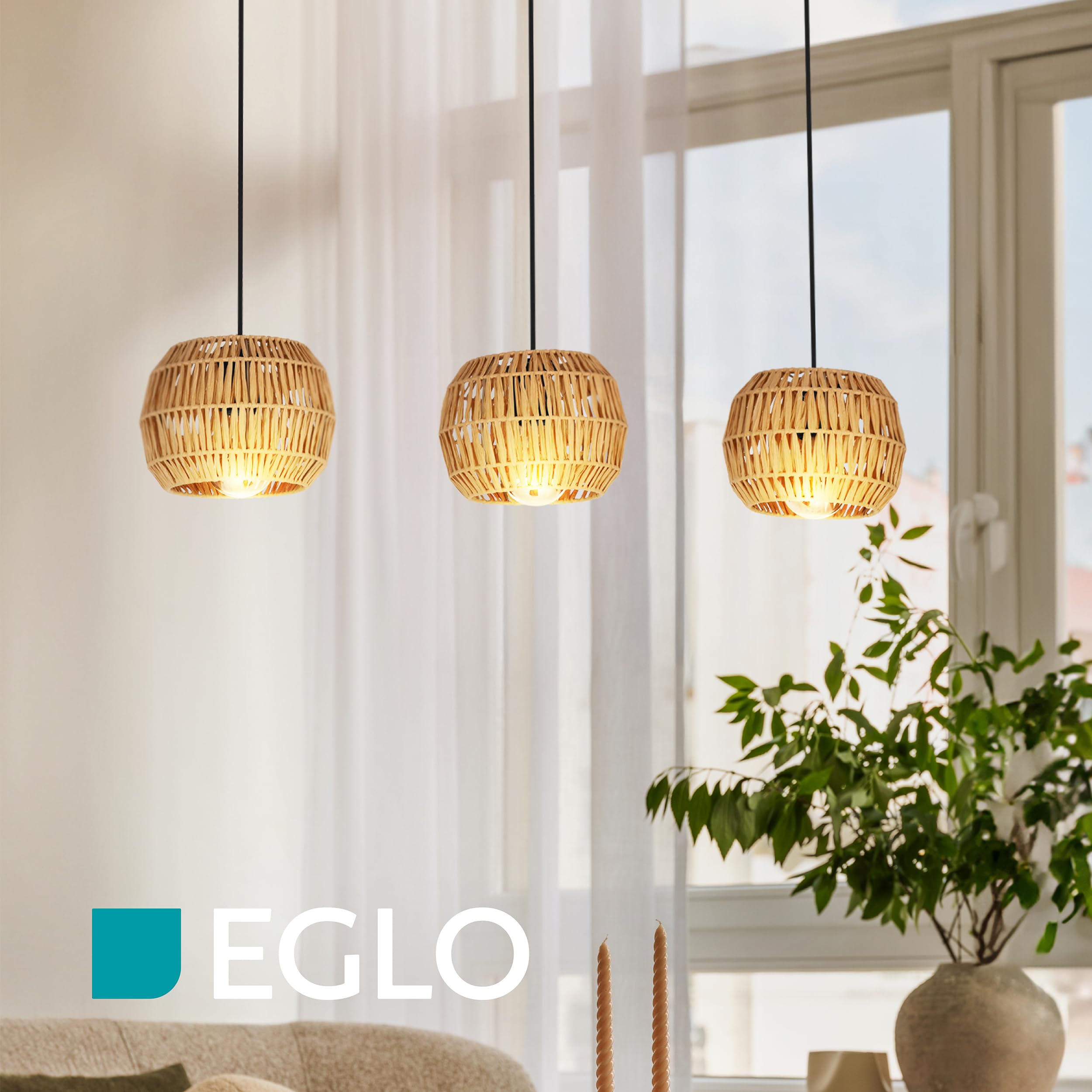 Eglo Suspension luminaire Sheldon, plafonnier suspendu pour salle à manger | à 3 lampes, lustre bohème, abat-jour en raphia papier, douille E27, 91 cm