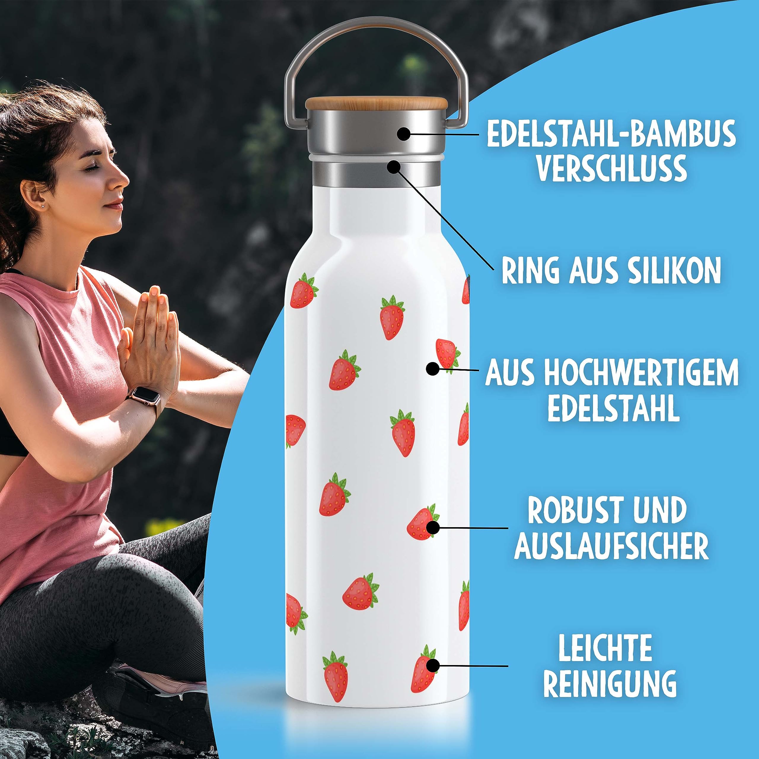 OWLBOOK Isolierte Edelstahl-Trinkflasche 600 Ml – Mit Bambus-Deckel, Auslaufsicher & BPA-frei