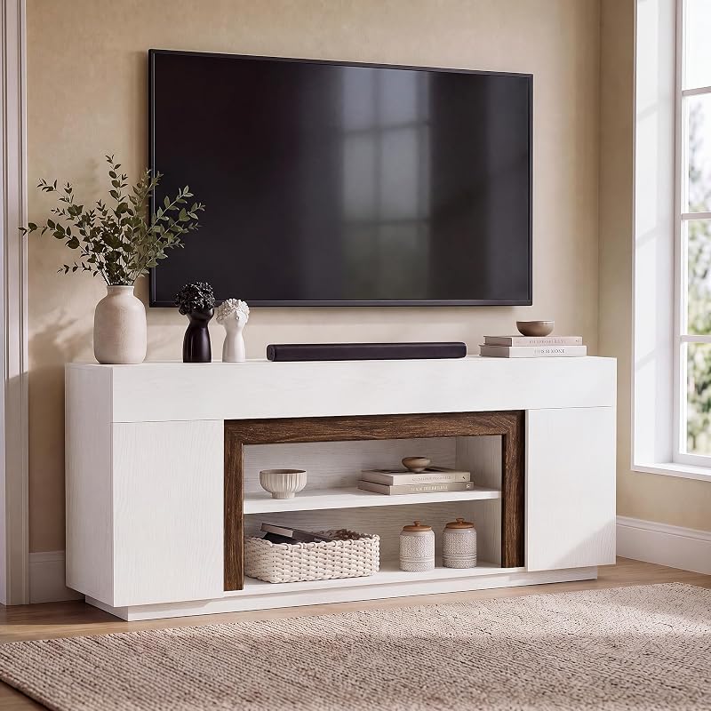 YESHOMY 70" Modern TV Stand for TVs Up to 80",Thick Media Console, White