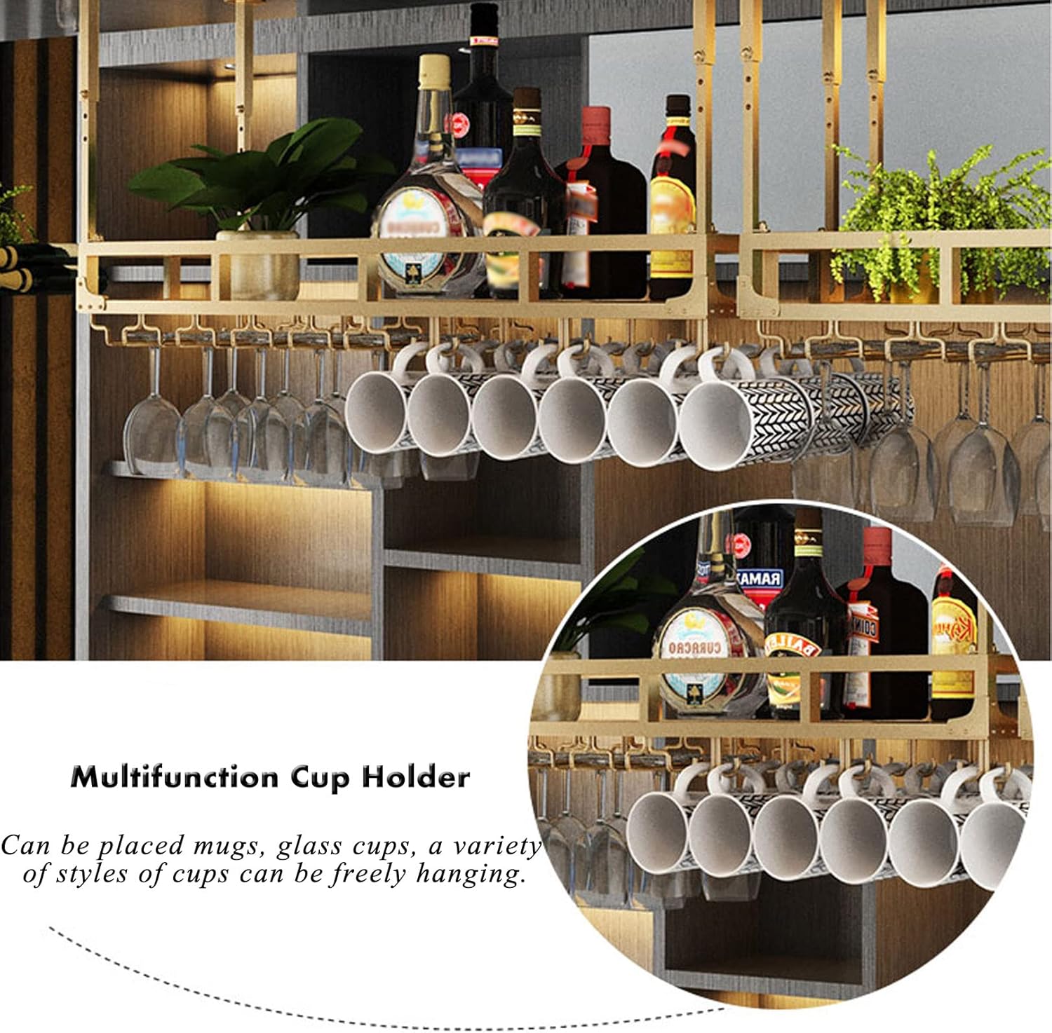 Vintage Hanging Wine Bottle Holder Iron Wine Rack Ceiling Decor Wine Glass Holder for Bars Restaurants Kitchens Upside Down Wine Racks Black 120x35cm