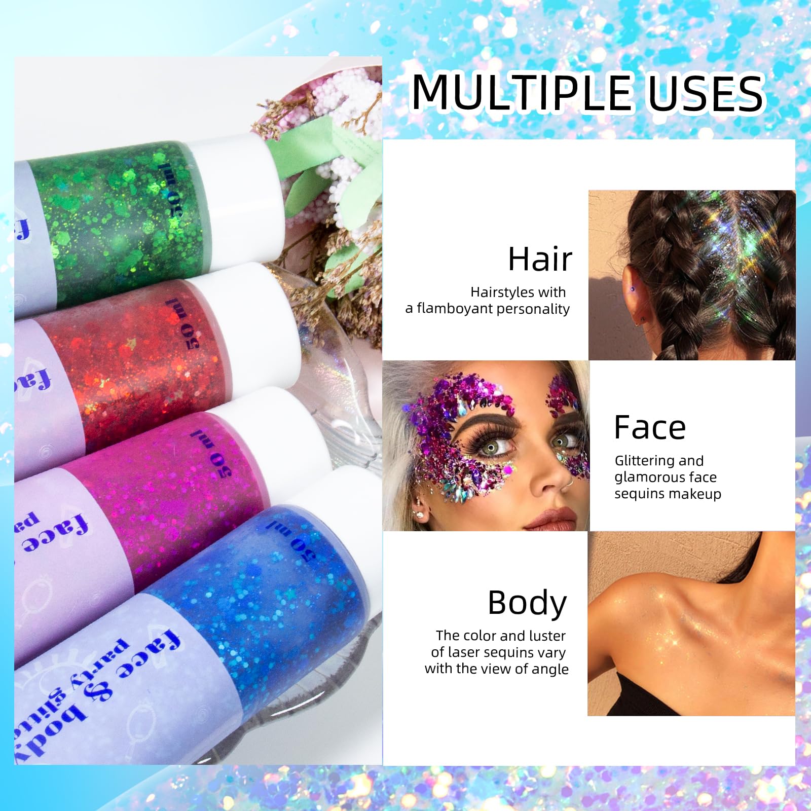 Prreal Body Glitter Gel 50ml, Face Glitters Body Gel Sequins Shimmer Liquid Eyeshadow - Image 3