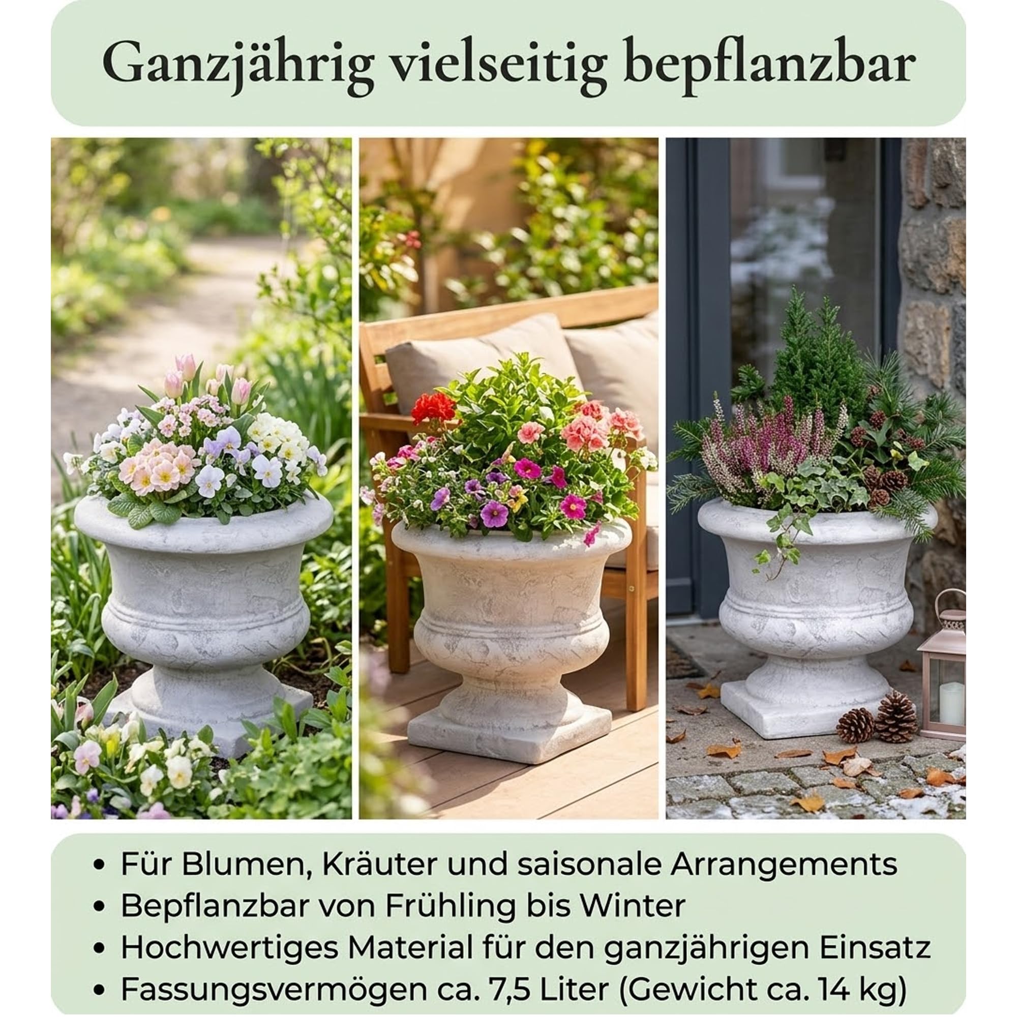 gartendekoparadies.de Rustikaler Pflanztrog aus Steinguss, Pflanzgefäß, H. 32 cm, 7,5 l, 14 kg, Grau, frostsicher für Außenbereich