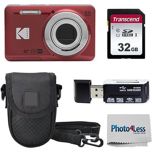 KODAK PIXPRO FZ55 16MP Digital Point & Shoot Camera, 5X Optical Zoom, 28mm Wide Angle, 1080P Full HD Video, Bundle with 32GB SD Card, Protective Case, and Hi-Speed Card Reader (Red)
