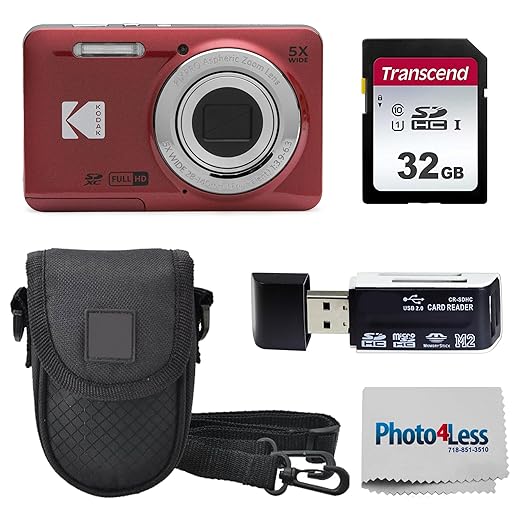 KODAK PIXPRO FZ55 16MP Digital Point & Shoot Camera, 5X Optical Zoom, 28mm Wide Angle, 1080P Full HD Video, Bundle with 32GB SD Card, Protective Case, and Hi-Speed Card Reader (Red)
