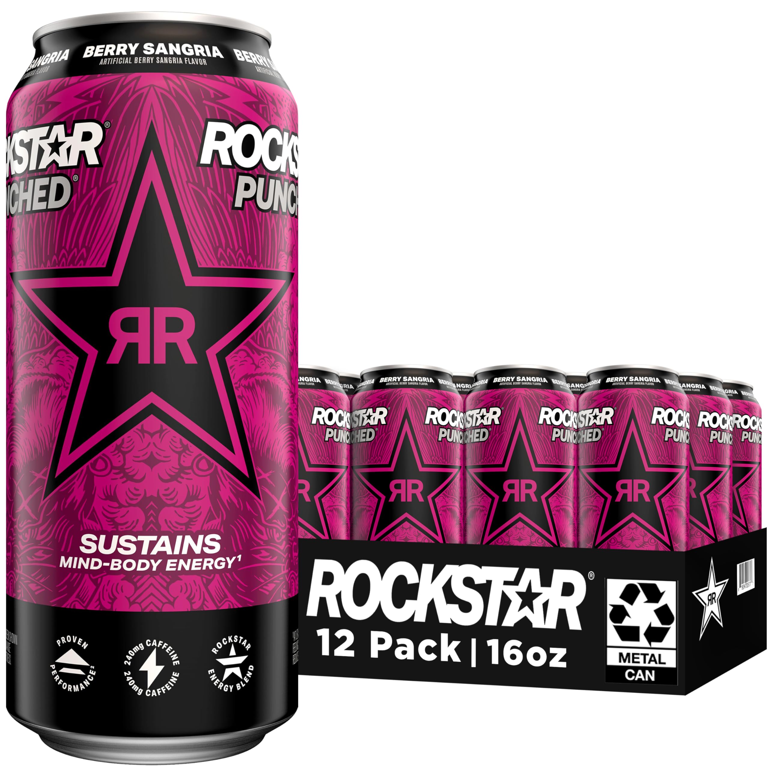 Rockstar Energy Drink Punched Berry Sangria, 16oz Cans (12 Pack)
