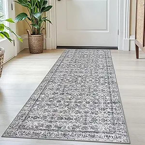 2x5 Washable Rug Grey Blue Small Area Rug for Entryway, Soft Non-Slip Indoor Door Mat Distressed Floral Low-Pile Kitchen Rugs, Neutral Vintage Carpet for Entrance Bedside Farmhouse
