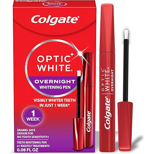 Colgate Optic White Overnight Teeth Whitening Pen, Hydrogen Peroxide Teeth Whitening Pen, Visibly Whiter Teeth in Just 1 Week When Used as Directed, 21 Whitening Treatments, 0.08 fl oz