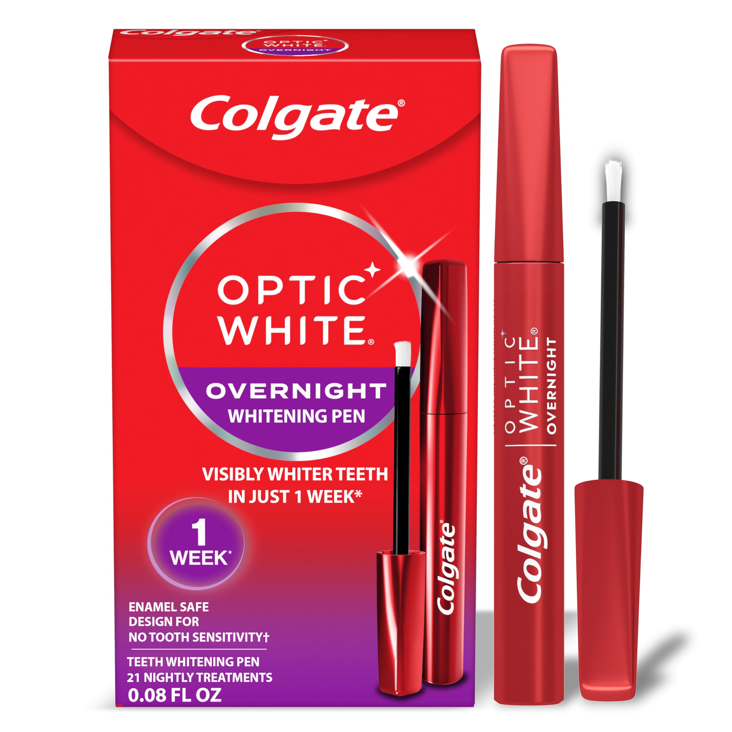 Colgate Optic White Overnight Teeth Whitening Pen, Hydrogen Peroxide Teeth Whitening Pen, Visibly Whiter Teeth in Just 1 Week When Used as Directed, 21 Whitening Treatments, 0.08 fl oz