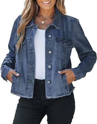 Vetinee Women's Jean Jacket with Frayed Hem and Pockets
