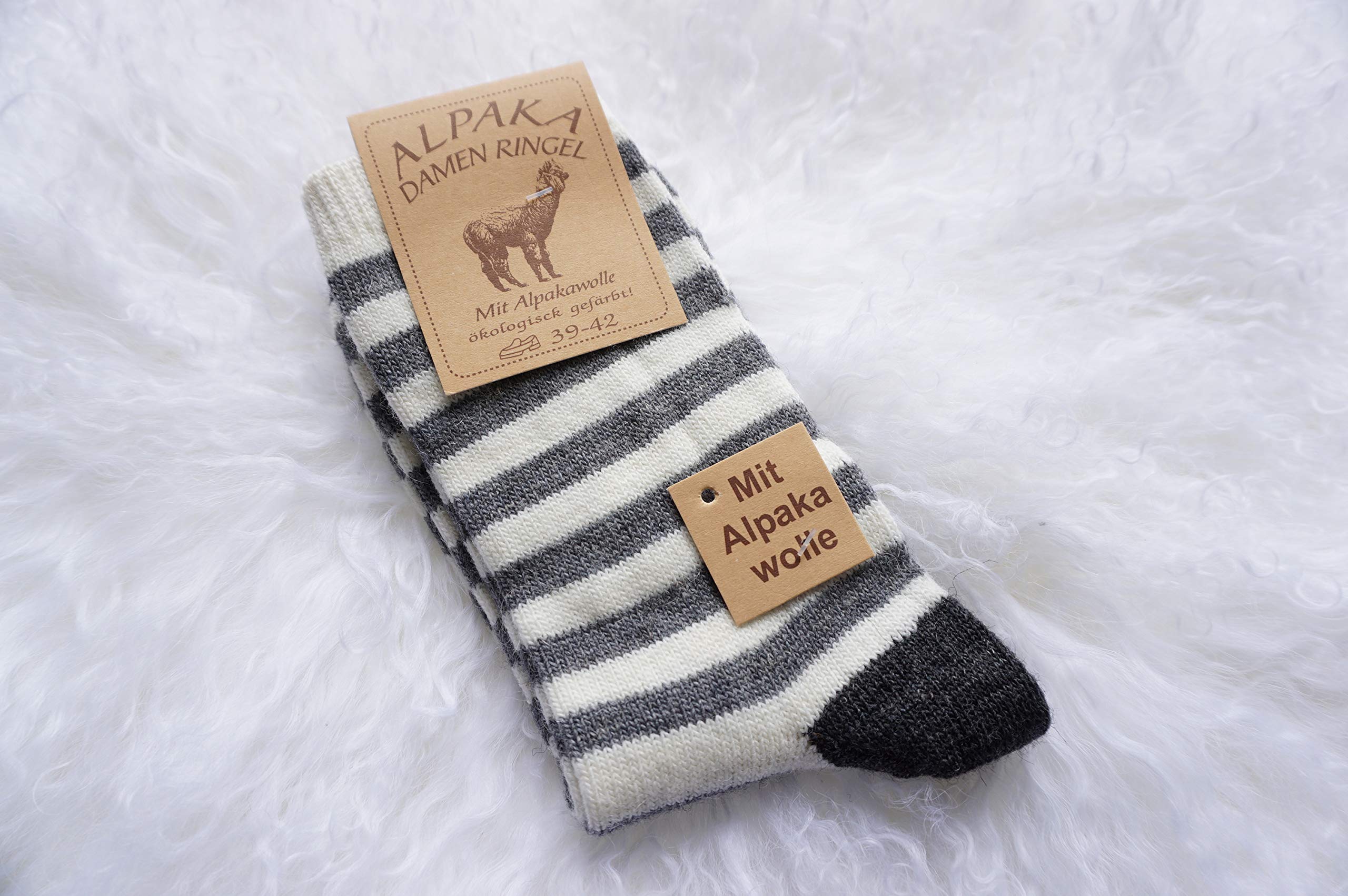 Milabert Women's Grey/White Genuine Luxurious Handmade Alpaca Wool Socks | Wool Slipper Socks | Warm Winter Socks | Bed Socks | Striped Alpaca Fleece Socks Active (, 5.5-8)