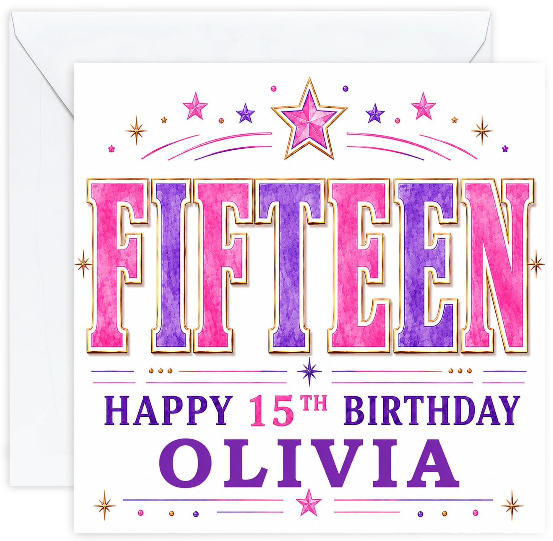 Personalised 15th Birthday Card for Girls | Fifteenth Birthday Card for 15 Year Old Girls Teenager | Daughter Granddaughter Niece Sister Friend | Birthday Card for Her with Name (Design 06)