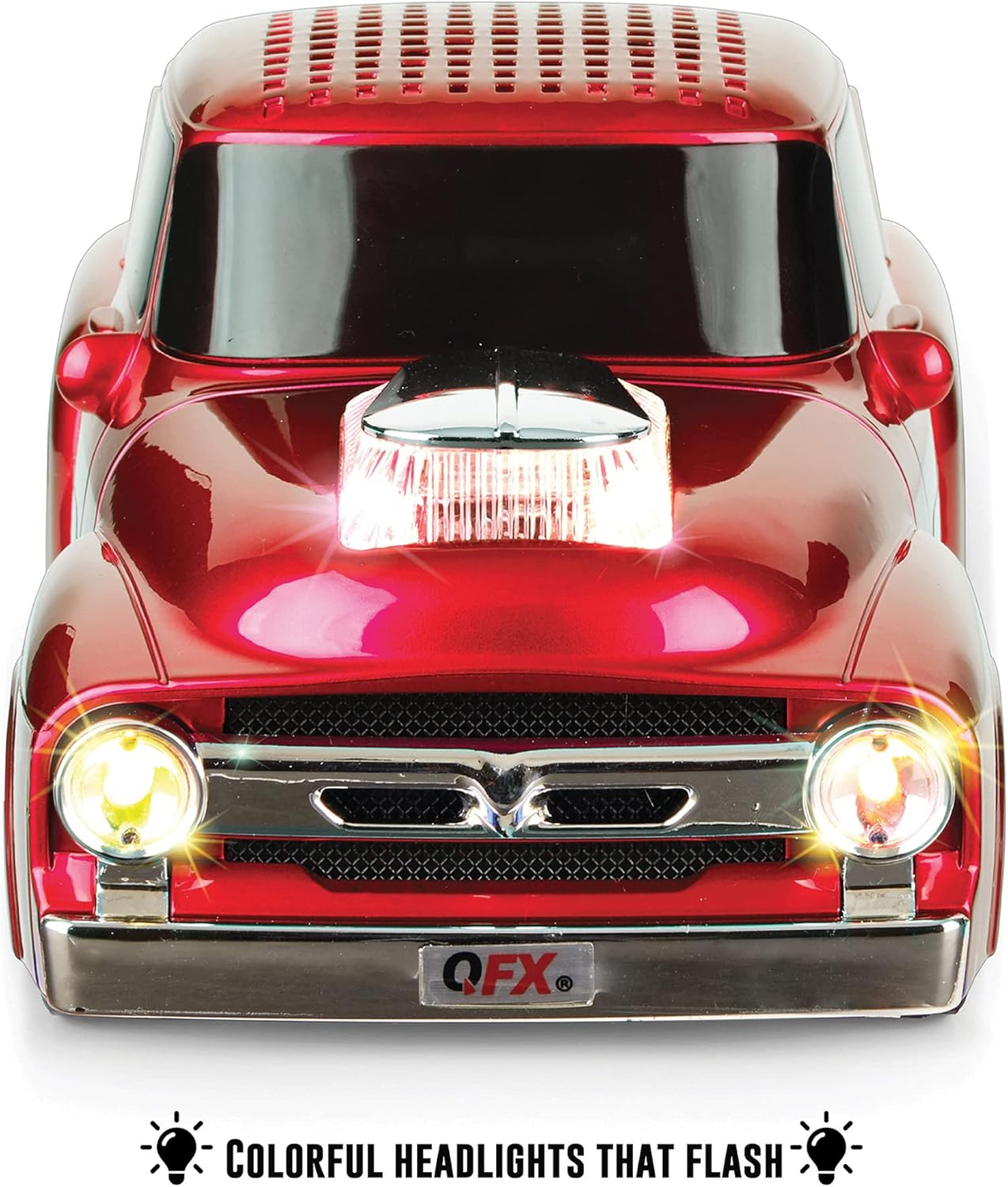 Rear view of the QFX BT-1956 speaker, showing the display, tail lights, and various ports and control buttons.