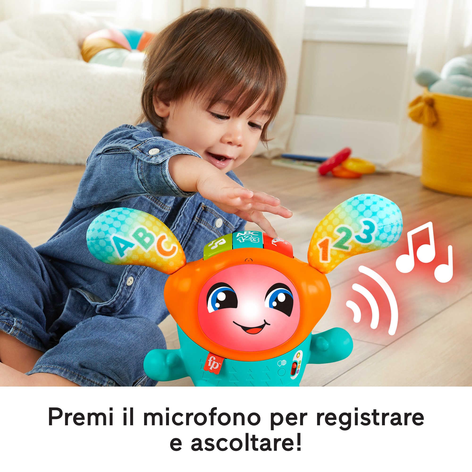 Fisher-Price - DJ Nino Salterino, edizione ITALIANO,SP, PORT, giocattolo musicale interattivo ed educativo con luci e azione saltellante, Giocattolo per Bambini 9-36 Mesi, HJP91