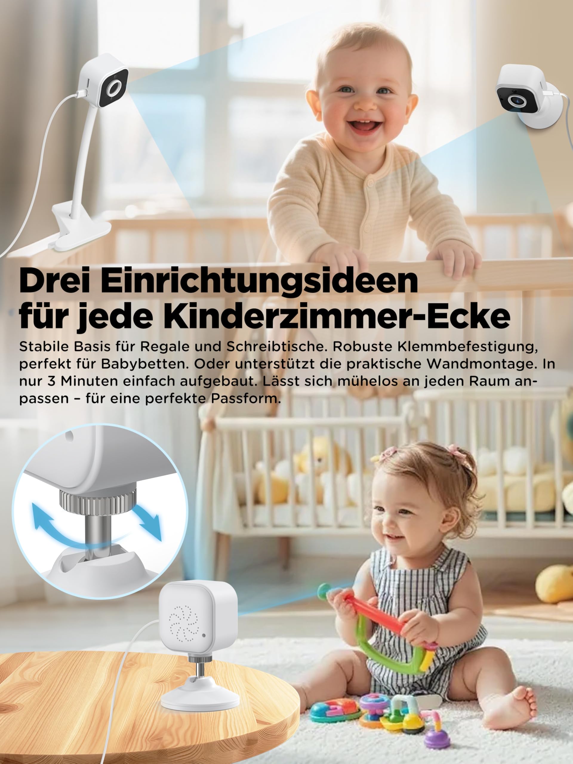 NUOTUN Babyphone mit Kamera Ohne WLAN, Tragbares Baby Kamera Monitor mit Halterung & Bettclip, Zwei-Wege-Audio, Sichere 2,4GHz, Nachtsicht, VOX-Modus, Temperatursensor, 4X Zoom, Timer, Schlaflieder