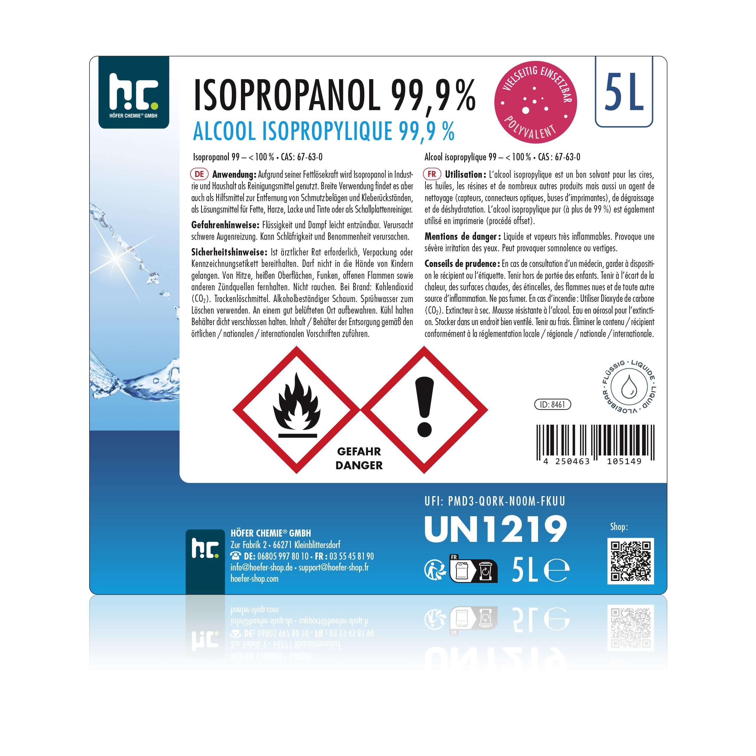 Höfer Chemie Isopropanol 99,9% (IPA) 4 X 5 L - Alcool Ispopropylique pour Nettoyer et Dégraisser - Solvant Puissant - Polyvalent