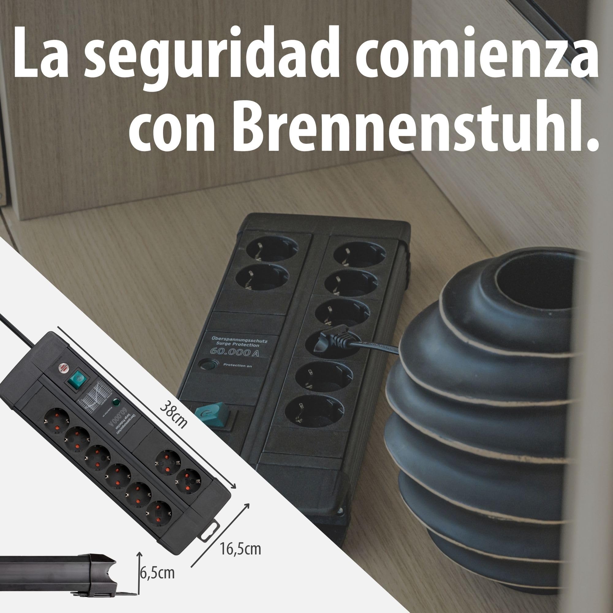 Brennenstuhl Premium-Line Duo regleta enchufes de 8 Tomas con protección contra sobretensiones (Cable de 3 m, Interruptor, protección hasta 60.000 A, Fabricado en Alemania) Negro
