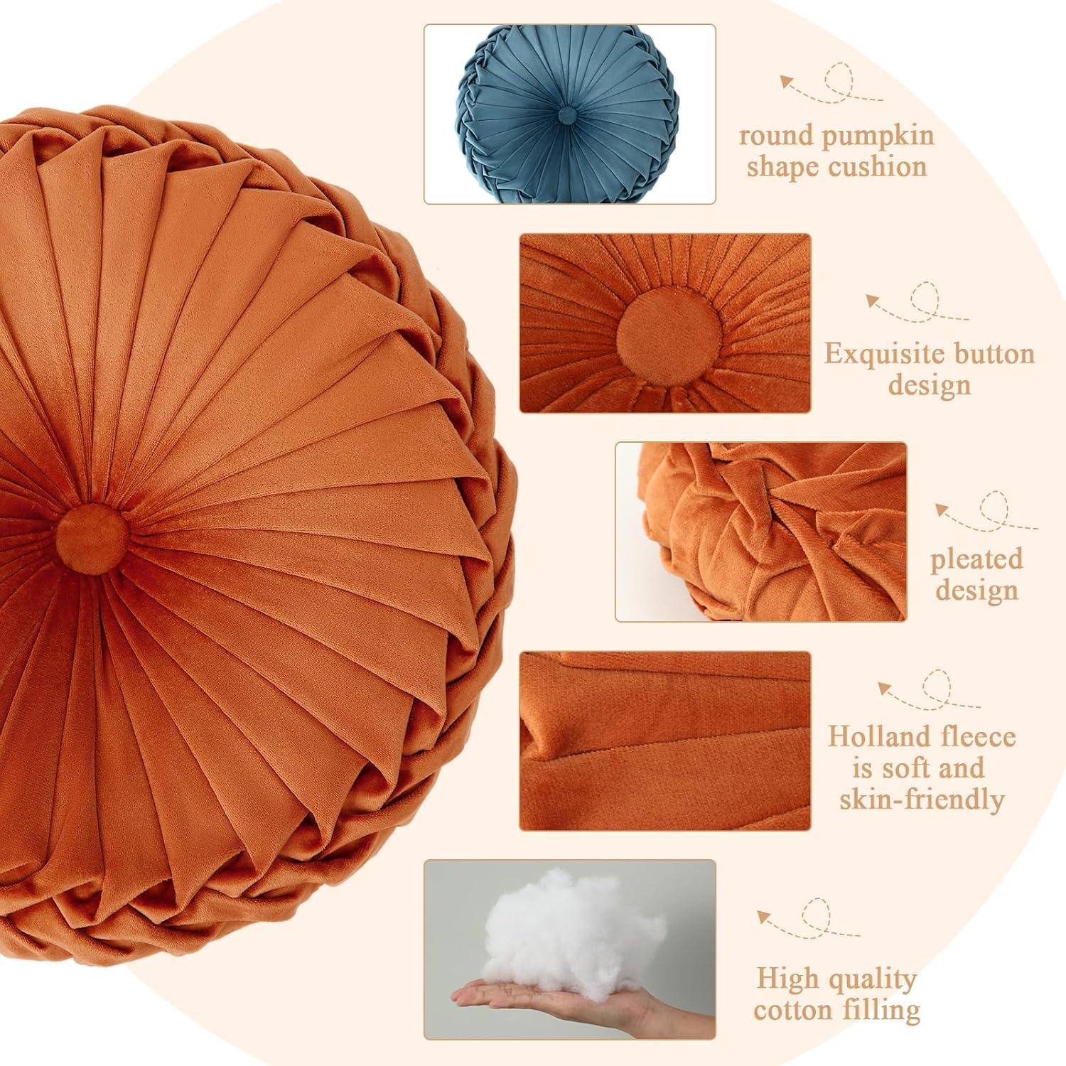 3 Pcs Round Throw Pillows Decorative Velvet Pleated Throw Pillows 15'' Diameter Accent Pumpkin Boho Chair Cushion for Couch Sofa Home Decoration (Yellow, Brown, Blue)