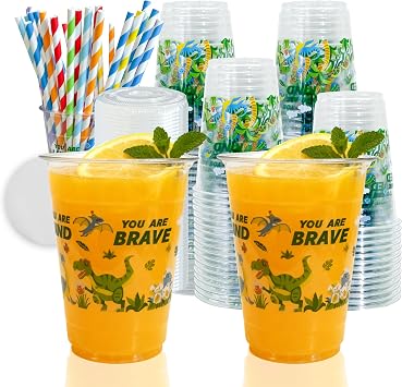 Dinosaur Party Cups,50 Piece Clear Plastic Cups with Lids and Straws,12 Oz Disposable Cups with Leak-proof Paper for Birthday Decorations,Party Favors
