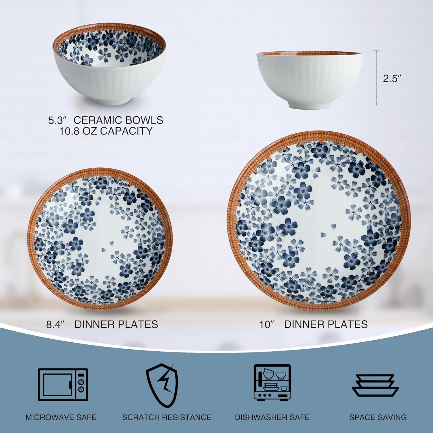 12-Piece Cherry Blossom Dinnerware Set, Japanese Sakura Porcelain Plates & Bowls, Service for 4, Microwave and Dishwasher Safe