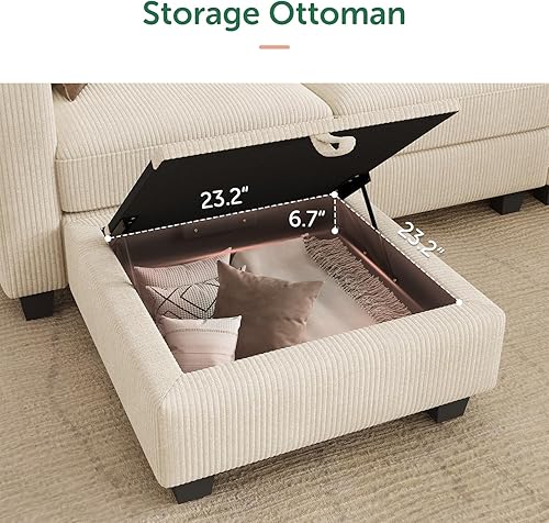 Miniatura 3 de HONBAY Sofá seccional de pana con almacenamiento en forma de U, sofás modulares seccionales para sala de estar, color beige