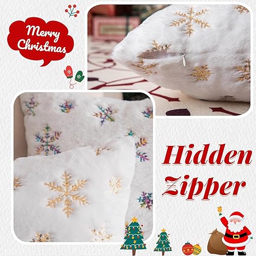 Miniatura 4 de AQOTHES Fundas de almohada decorativas peludas de piel sintética, felpa con lentejuelas de copo de nieve, almohadas con purpurina para decoración de