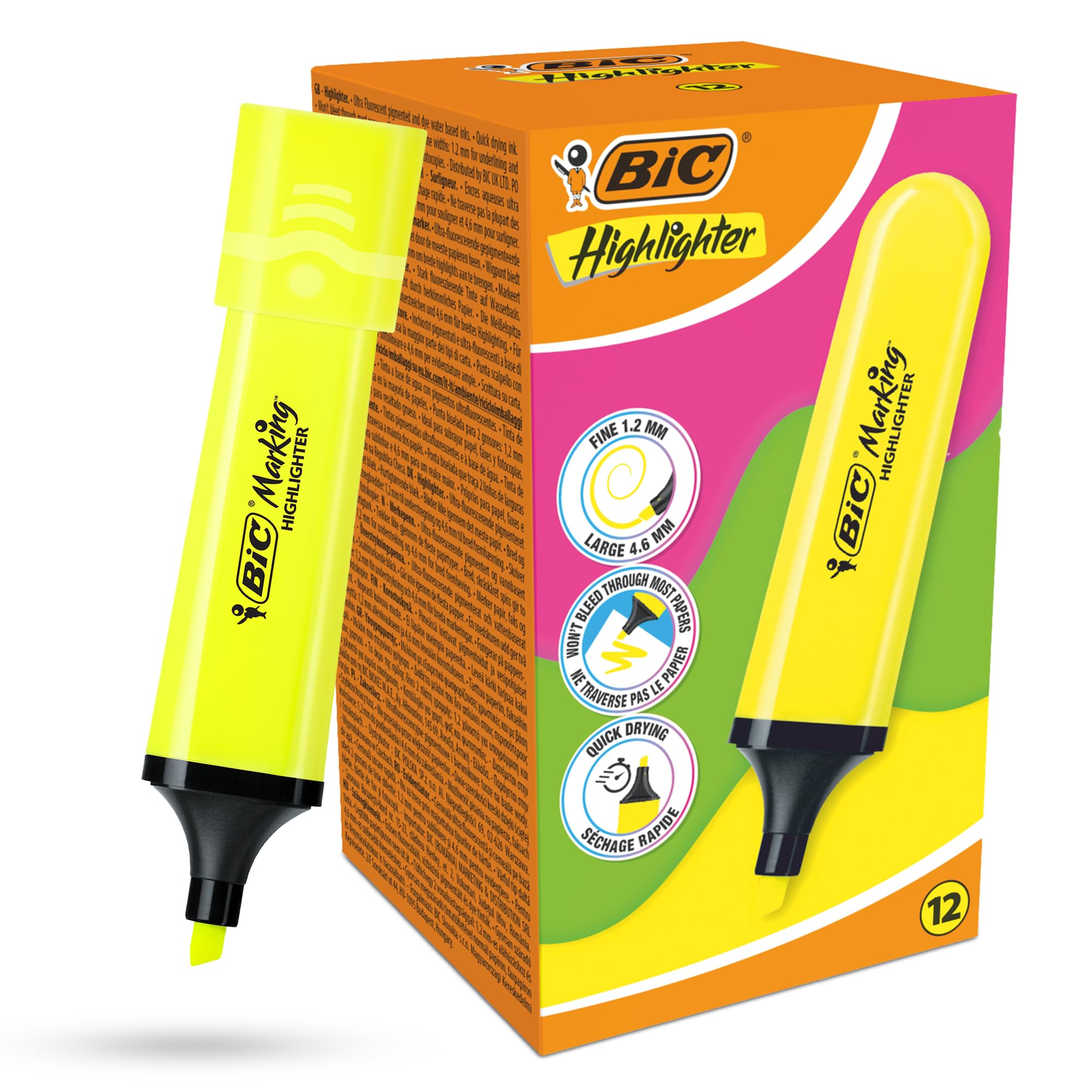 BIC Marking Highlighter Flat Highlighter Marker Pack of 12 Plastic Highlighter Pen with Fluorescent Neon Yellow Ink Highlighter Pens for Smooth Notes Precise Highlights Ideal for School and Office