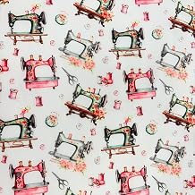 Polycotton Print Fabric, Vintage Sewing Machine & Scissors Design, 112cm Wide, Sold by the Metre for Dressmaking, Crafts, Bags