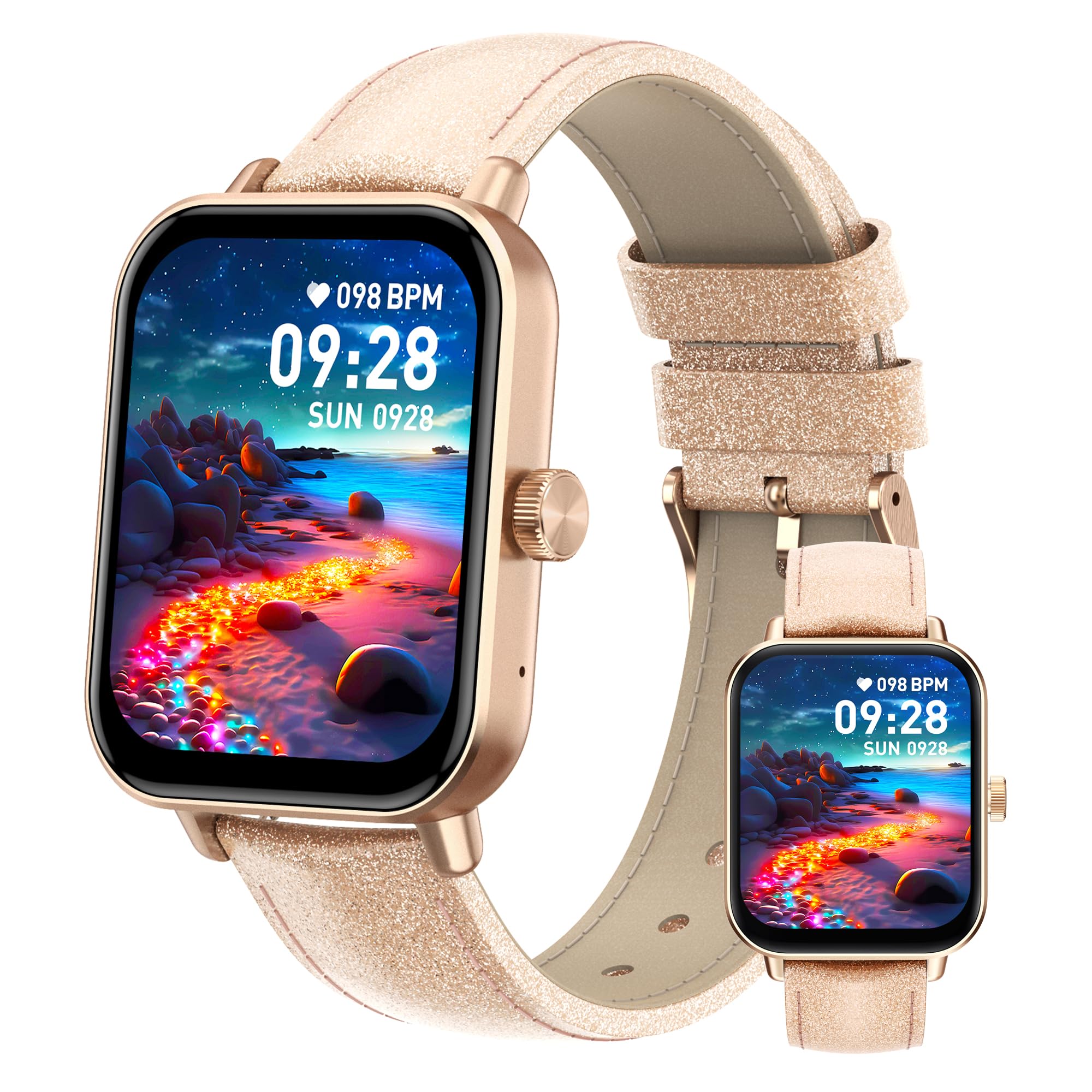 Digitec Montre connectée Square Rose-dorée, avec Bracelet doré-Rose pailleté en Cuir, Femme, Suivi activité et Sommeil