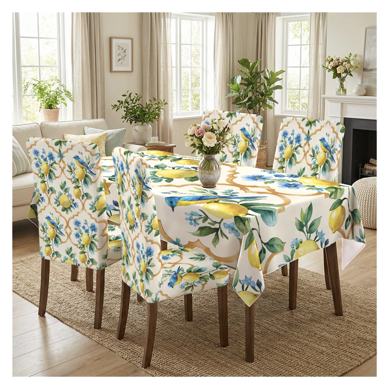 KXUAUV Mediterranean Lemon & Bird Print Tablecloth And Chair Covers Set, Stretch Slipcovers For Summer Coastal Kitchen Dining Room Decor, 5/7 Pack Party Decor(5pcs Set: Tablecloth+Chair Covers)