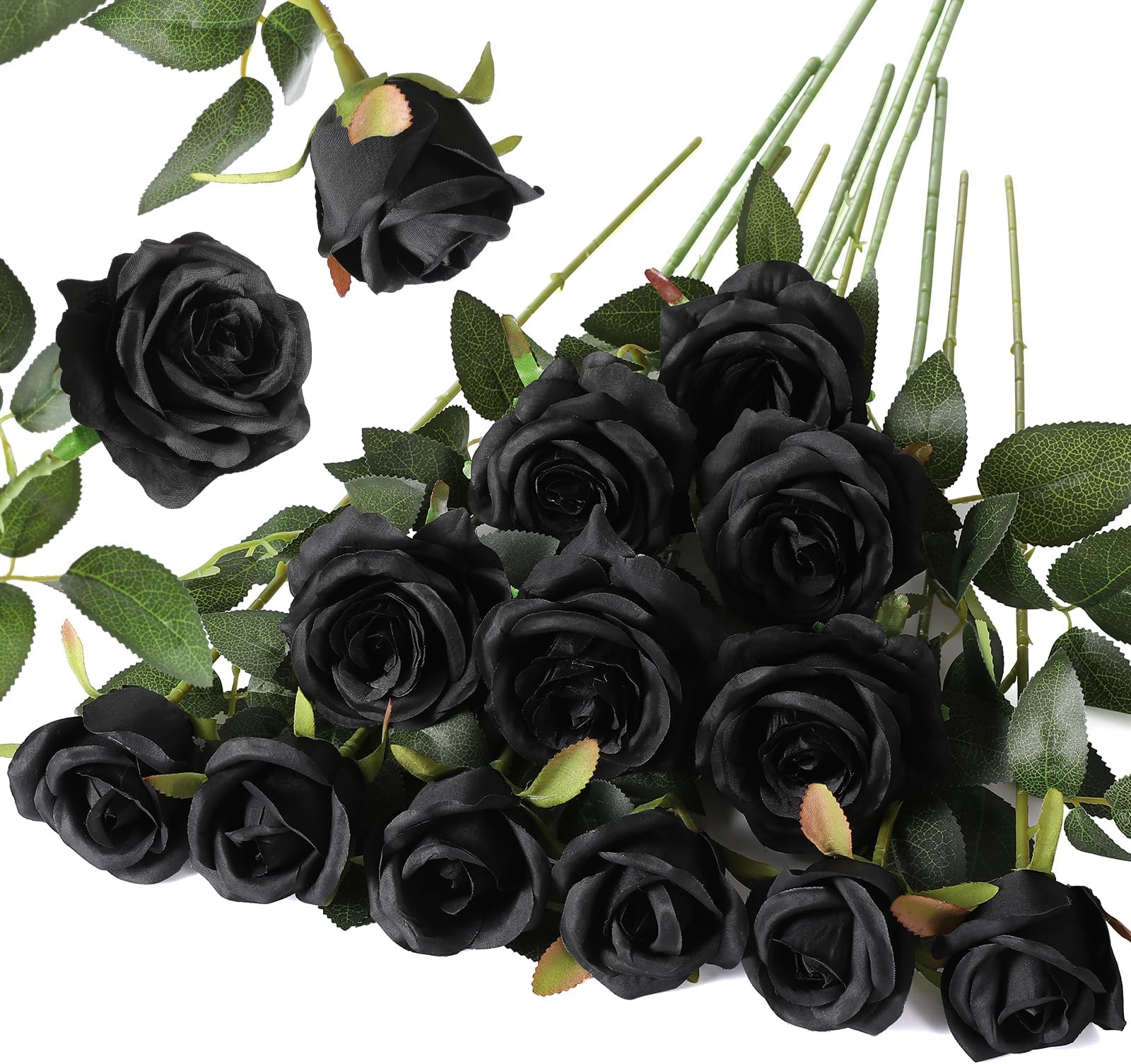 - 12PCS Artificial Silk Flowers Realistic Roses Bouquet Long Stem for Home Wedding Decoration Party (Black, 6 Flowers 6 Buds)