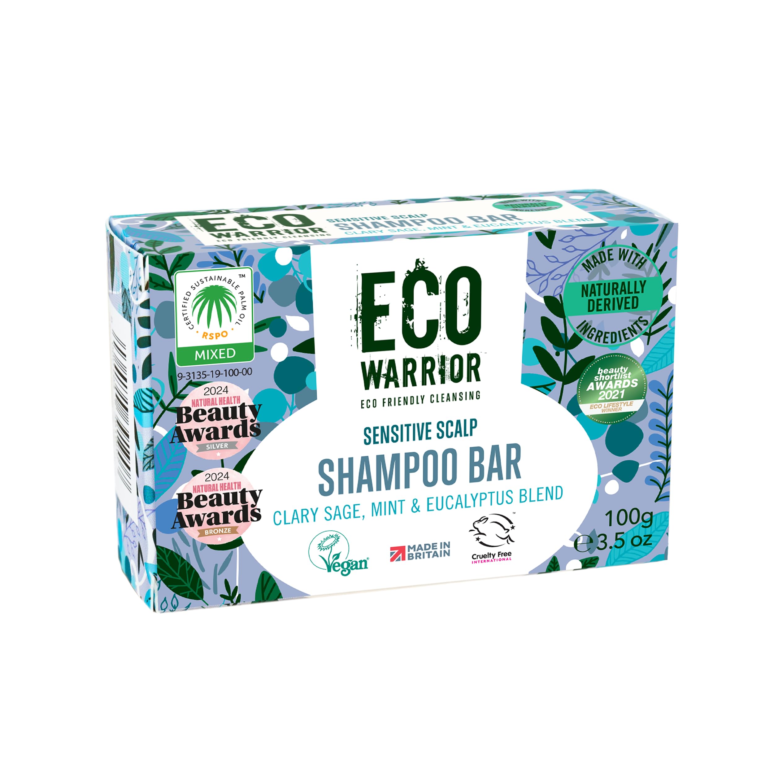 Eco Warrior Sensitive Shampoo Bar, 100g | Natural, Vegan, Cruelty Free, Eco Friendly, No SLS or Parabens | Deeply Nourishing White Clay & Clary Sage Oil | Soothing Mint Eucalyptus Essential Oils
