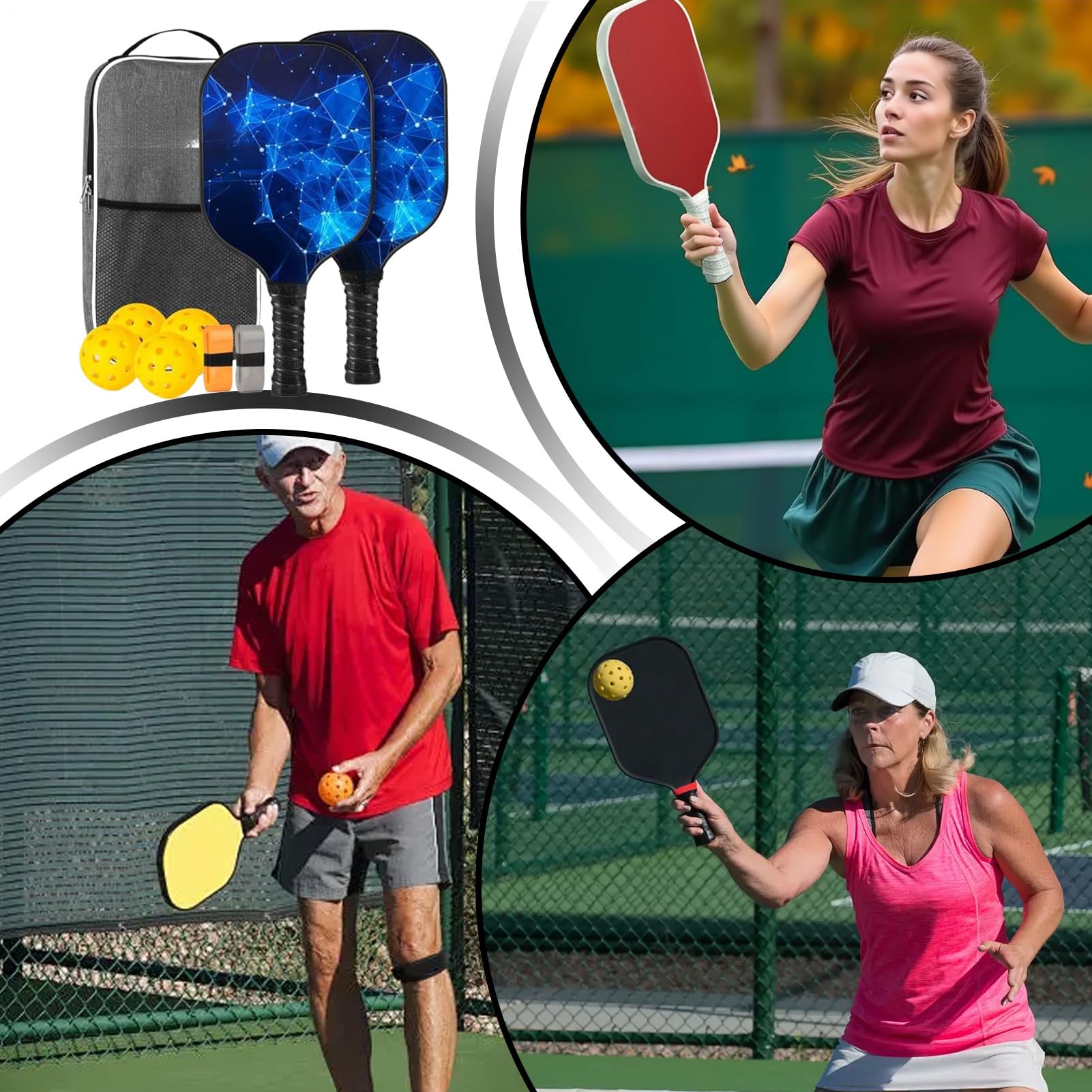 Pickleball, set di 4 palette in fibra di vetro, palette in fibra di vetro, leggere ed ergonomiche per sport a casa, esterni, interni, esercizio per uomini, donne e bambini