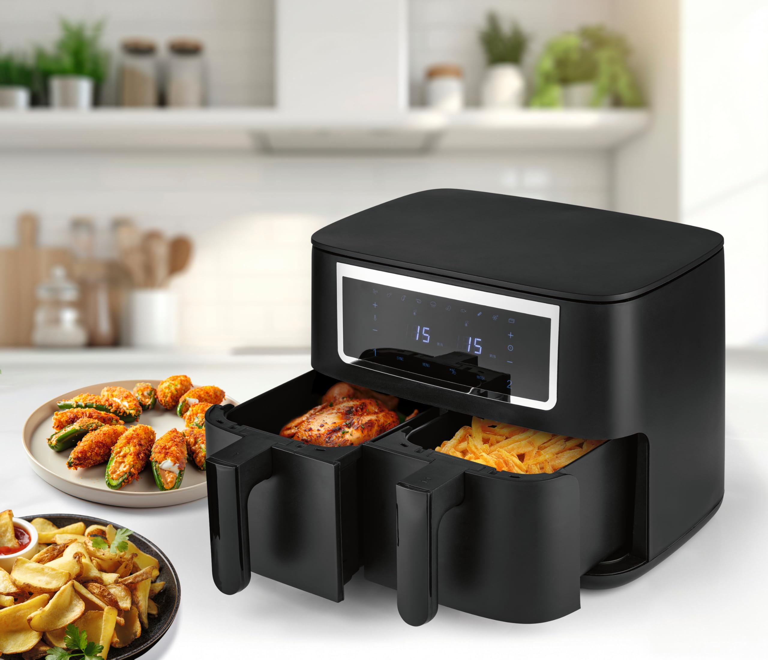 GOURMETmaxx freidora de aire caliente de doble cámara - 2 x 4 L | Synchro-Garzone Airfryer | freidora con pantalla táctil | freidora de aire caliente 2 cámaras y 10 programas | freír casi sin aceite
