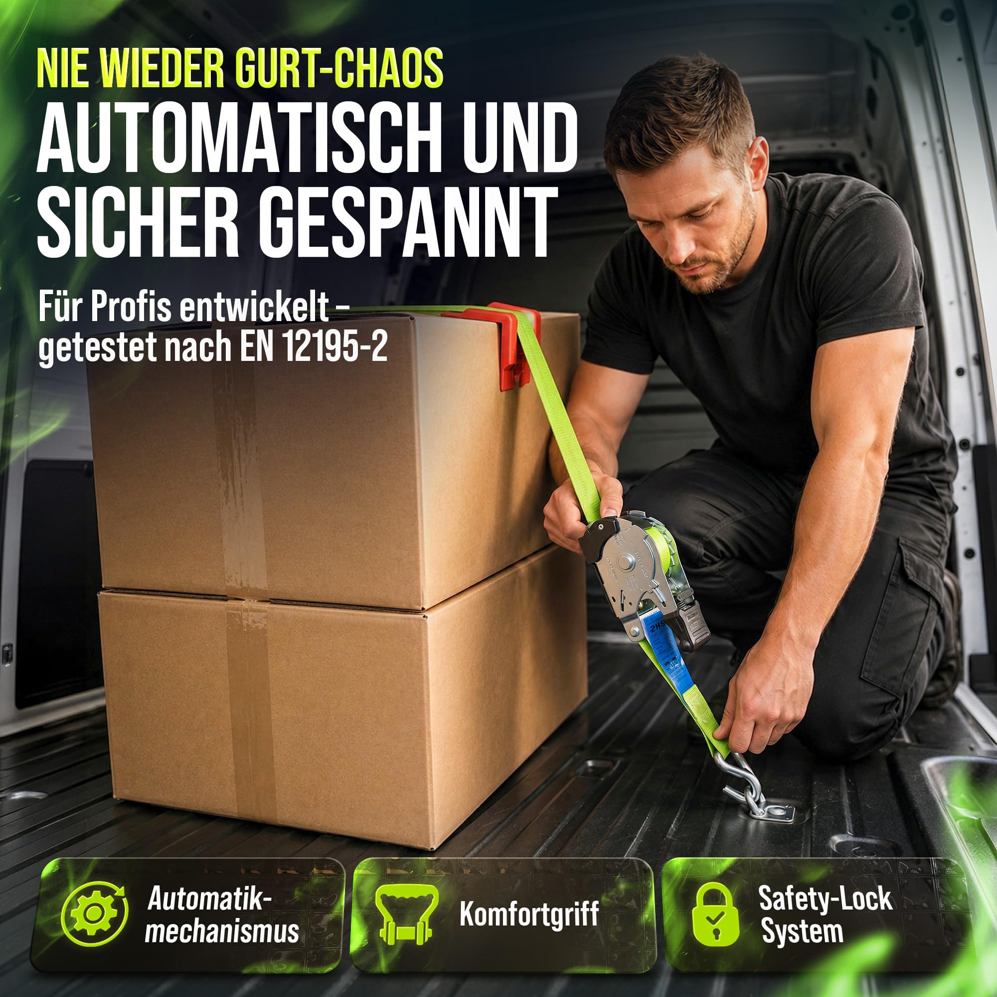 SHZ Automatik Spanngurt mit Ratsche 3,5m x 25mm 340 daN (4 Stück) | Spanngurte Automatik mit robusten Stahl Haken | Komfortable Ladungssicherung für Kofferraum oder Anhänger | EN 12195-2 geprüft
