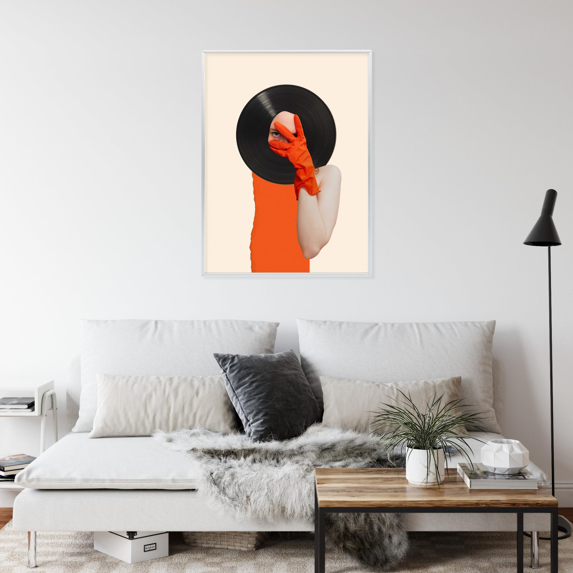 WALLERO Poster Spirito musicale su disco in collage pop art con Cornice in Alluminio Argentata – Decorazione Moderna da Parete e Stampa Artistica | Decorazione per Soggiorno, Camera da Letto 30x40
