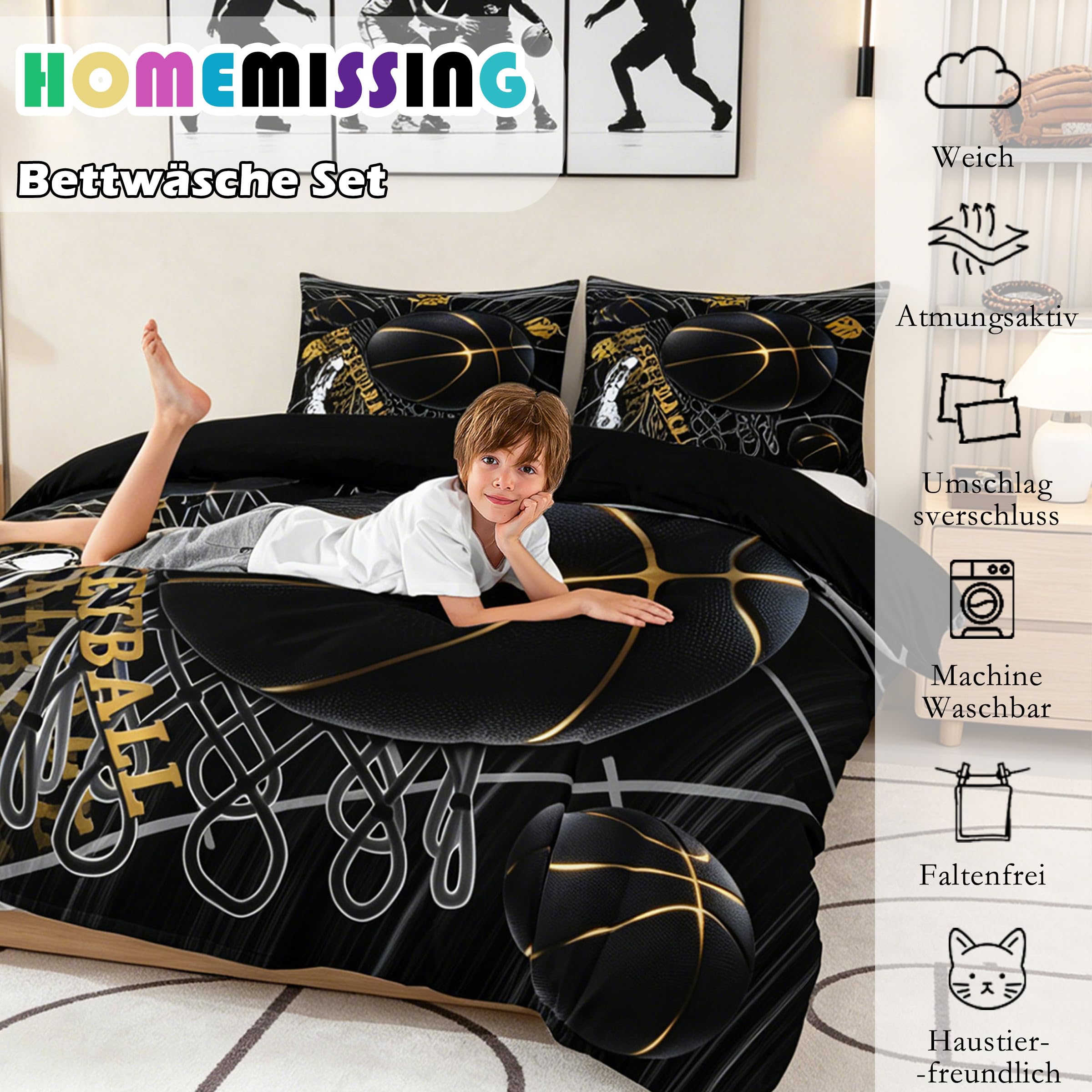 Homemissing Basketball Spiele Bettwäsche Set 155x220cm für Kinder Jungen Mädchen Bettwäsche-Set Sport Ballspiele Bettbezug mit 1 Kissenbezug Geschenk für Basketball Liebhaber mit Reißverschluss