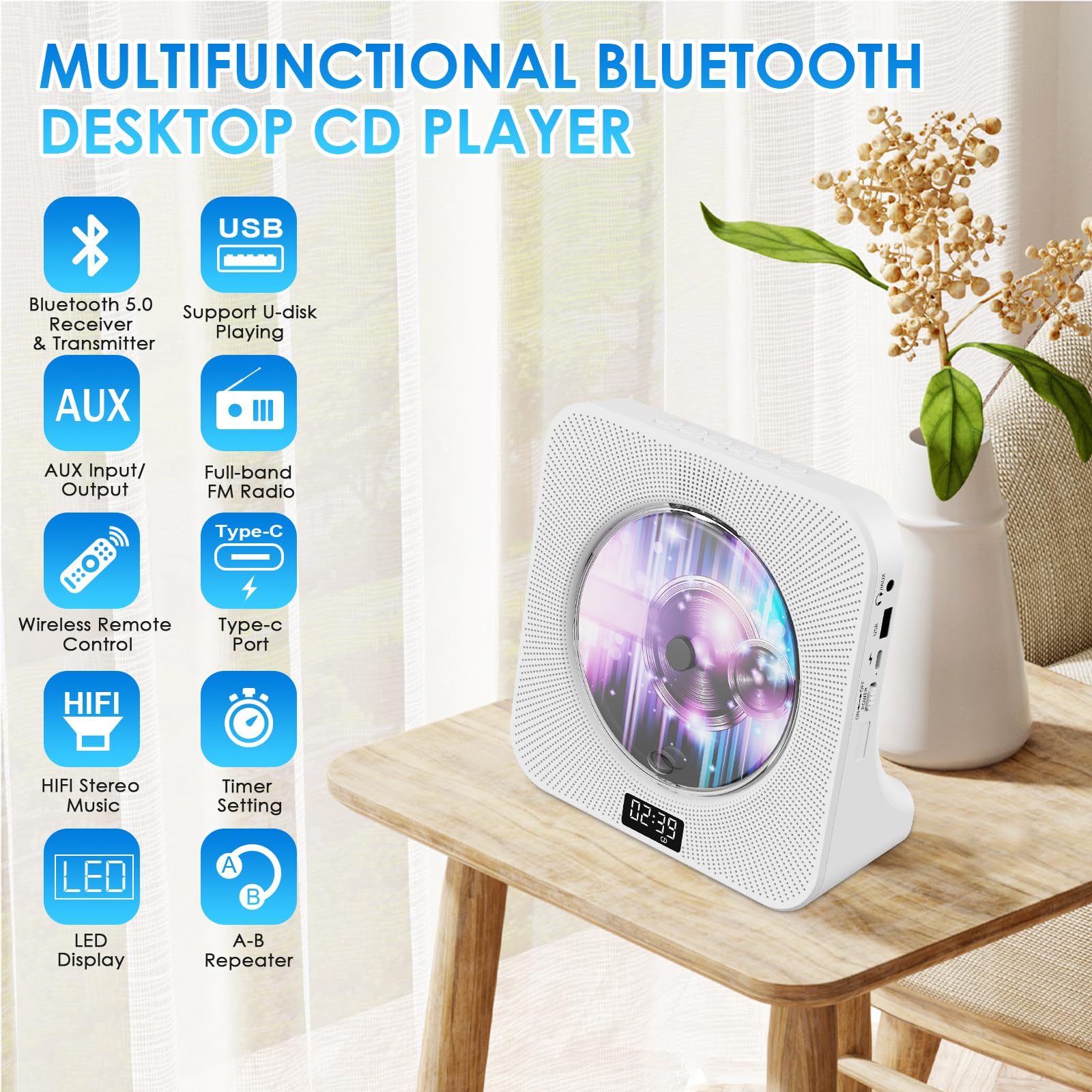 Gueray Lettore CD Desktop Bluetooth Con Altoparlanti Per La Casa - Portatile Con AUX USB Cuffia Jack FM Radio HiFi - Boombox Con Telecomando Display LCD Per Bambini Regalo