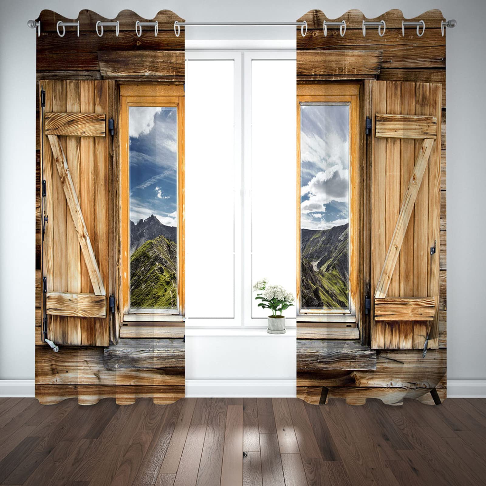 Cortinas Habitacion Juvenil Opacas 2 Piezas 3D Ventana De Madera Paisaje Alpino Patrón Cortinas Salon Dormitorio Modernas para Ventanas Decoración para Hogar 264X240Cm Termicas Aislantes con