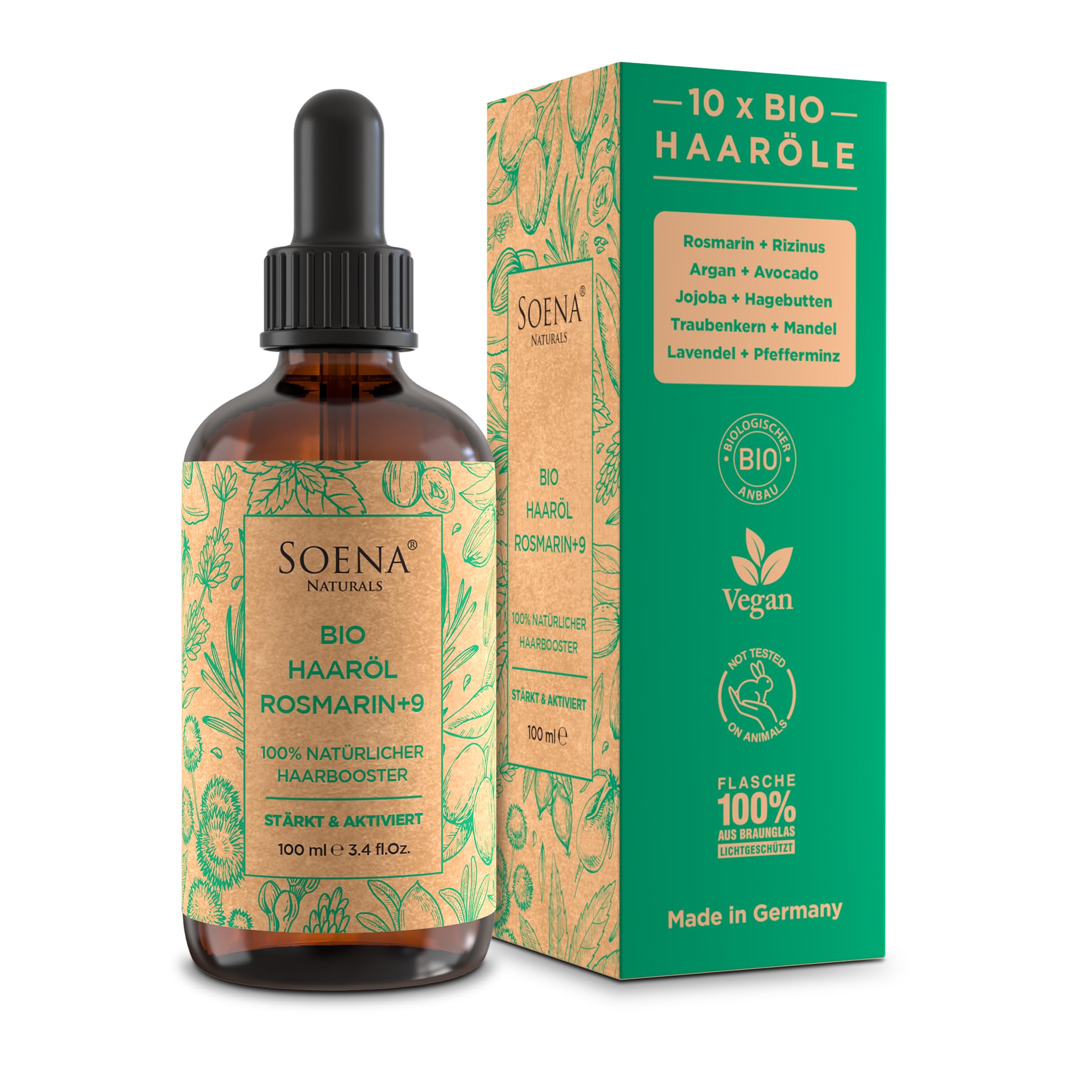 BIO HAARÖL ROSMARIN+9 - Wachstumsöle [Für Haarstärkung & Haarwachstum] Mit 10 BIO-Ölen: • Arganöl • Rosmarinöl • Rizinusöl • Lavendelöl uvm. [100% Naturlich] Frei von Zusatzstoffen - Made in Germany