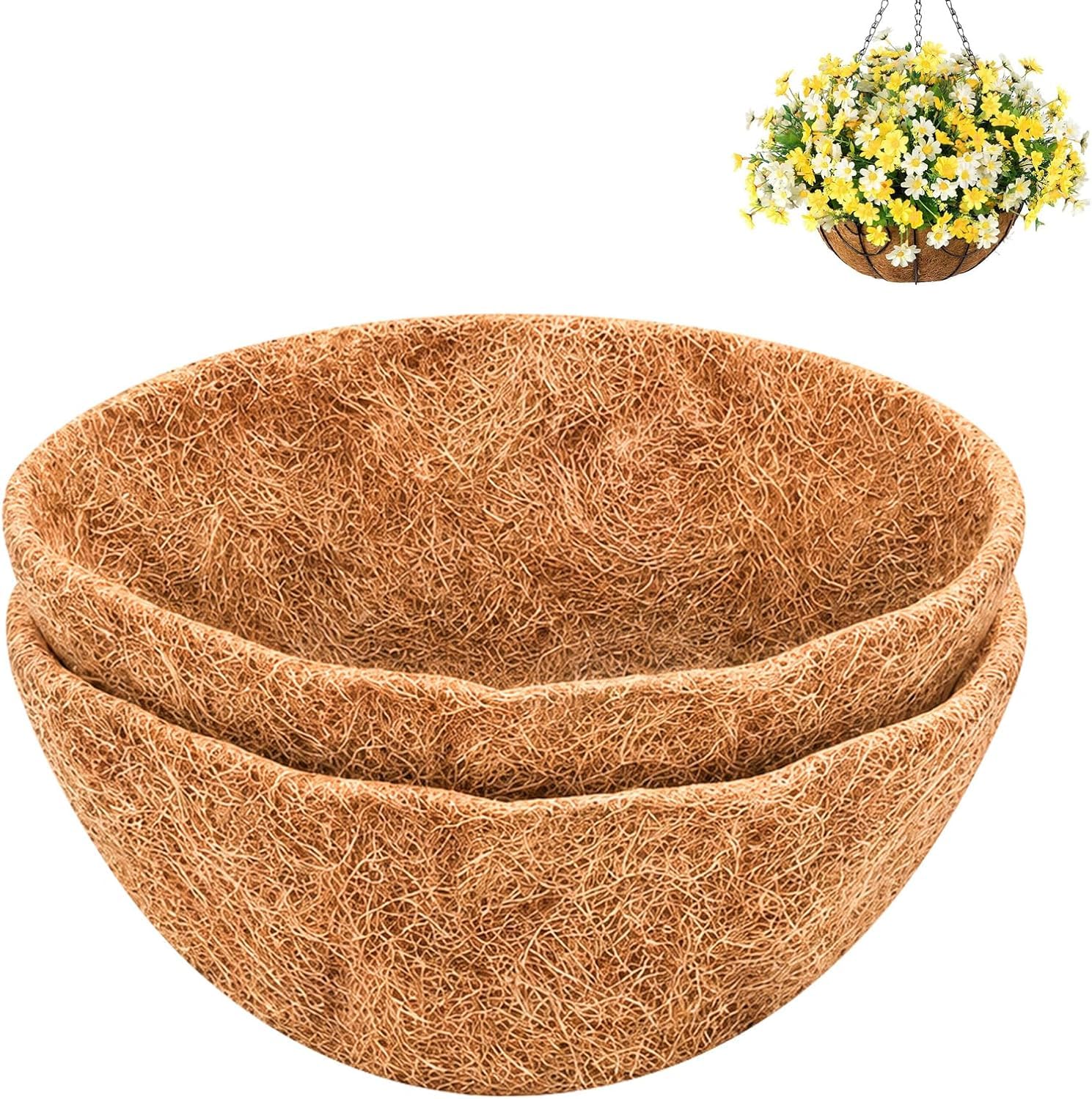 Suxulxn 2 Pack Hanging Basket Liner, 16 inch Natural Coconut Liner Coco Fibre Replacement, Round Planter Liner for Garden Hanging Basket Liners in Window Boxes