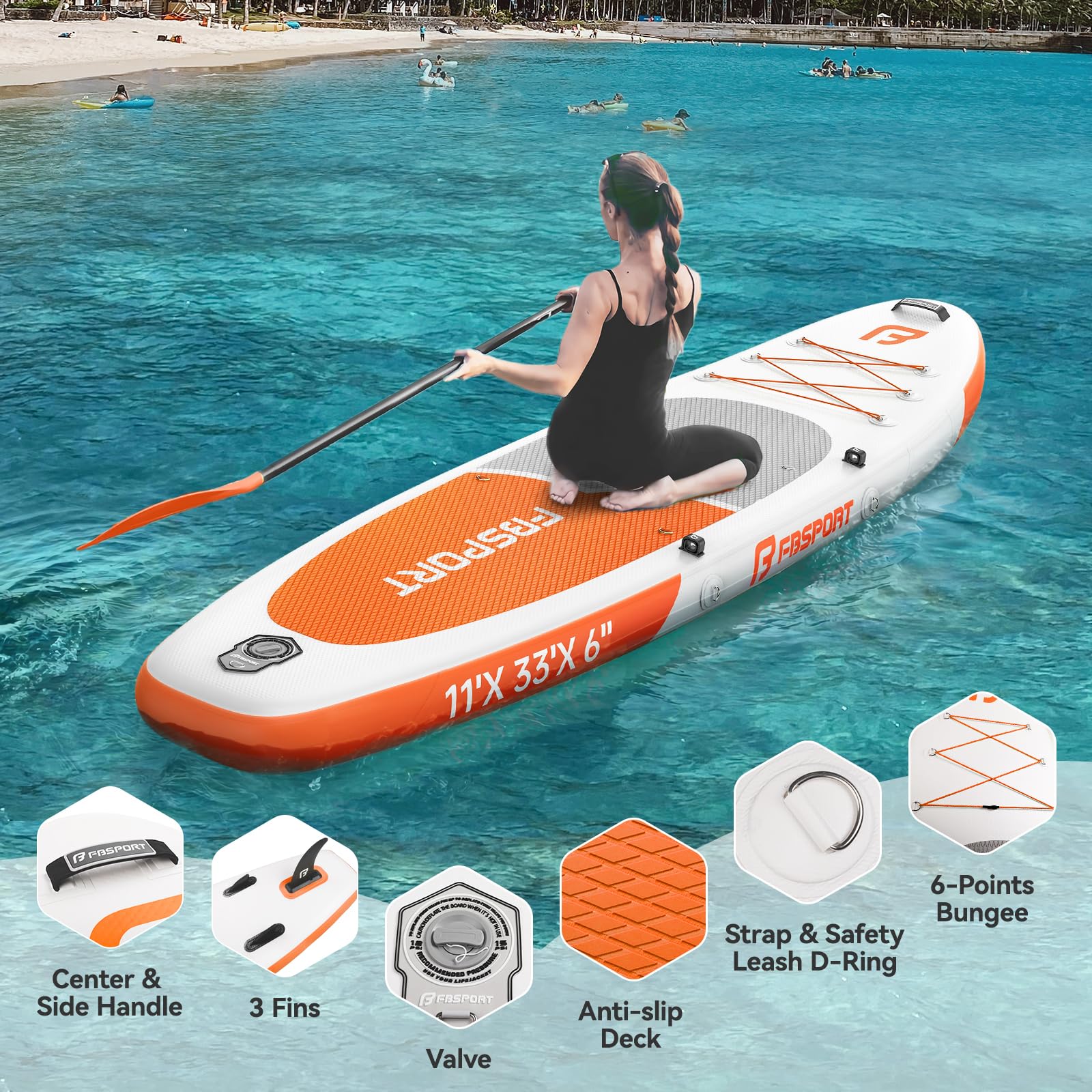 FBSPORT Tavola SUP Gonfiabile Adulti 335 cm, Extra Larga 15 cm, Capacità 160 kg, Set Completo con Pagaia e Pompa